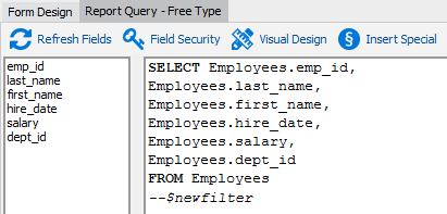 This shows the Free Type Query after adding special characters for filtering.